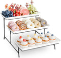 3-Tier Melamine Serving Tray Set, 14"x7" Platters for Serving Food, White Reusable Trays with Black Metal Display Stand for Cupcakes, Sevring Food, Dessert, Fruit, Cookie, Black