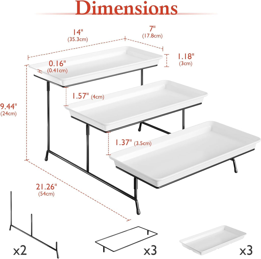 3-Tier Melamine Serving Tray Set, 14"x7" Platters for Serving Food, White Reusable Trays with Black Metal Display Stand for Cupcakes, Sevring Food, Dessert, Fruit, Cookie, Black