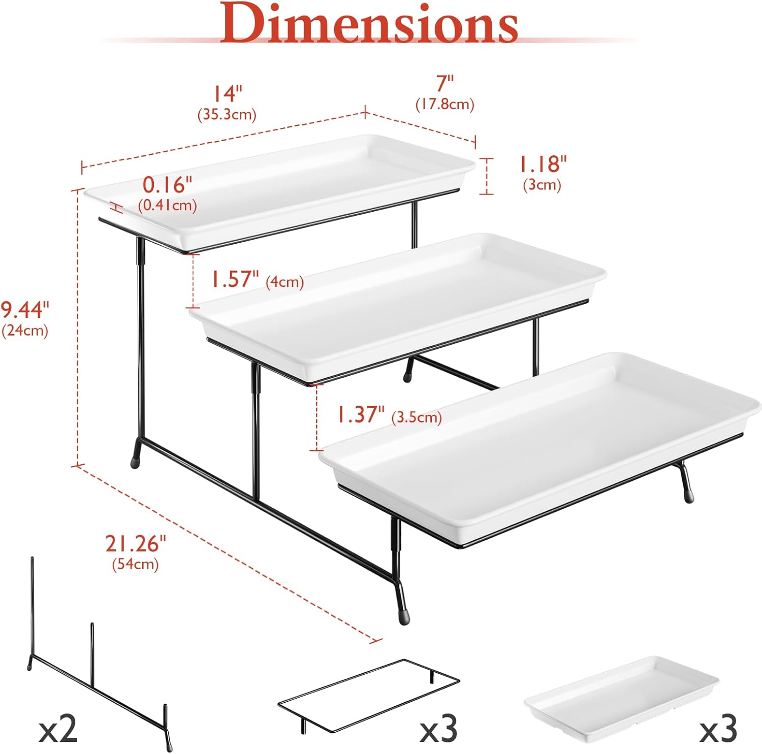 3-Tier Melamine Serving Tray Set, 14"x7" Platters for Serving Food, White Reusable Trays with Black Metal Display Stand for Cupcakes, Sevring Food, Dessert, Fruit, Cookie, Black