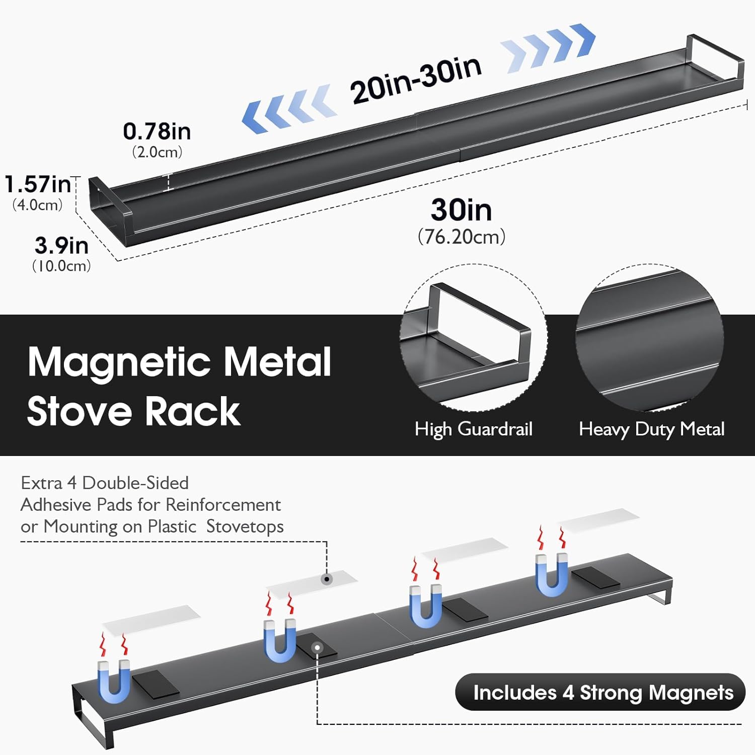 Bumusty 4X Strong Magnetic, 30" Adjustable Oven Shelf Spice Rack Over the Stove, Seasoning Organizer Kitchen Shelves, Matte Black