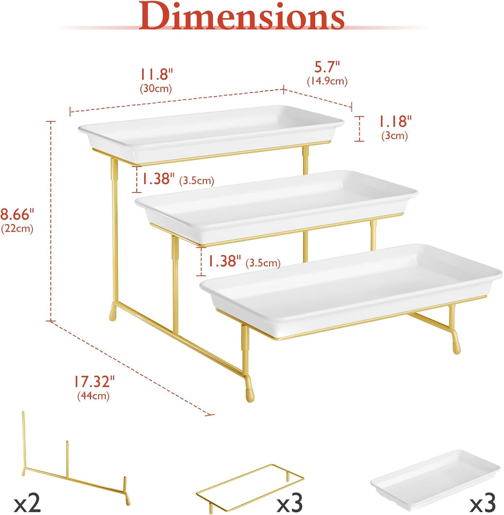 3-Tier Melamine Serving Tray Set, 11.5" x 5.6" Platters for Serving Food, Black Reusable Trays with Black Metal Display Stand for Cupcakes, Sevring Food, Dessert, Fruit, Cookie, Gold