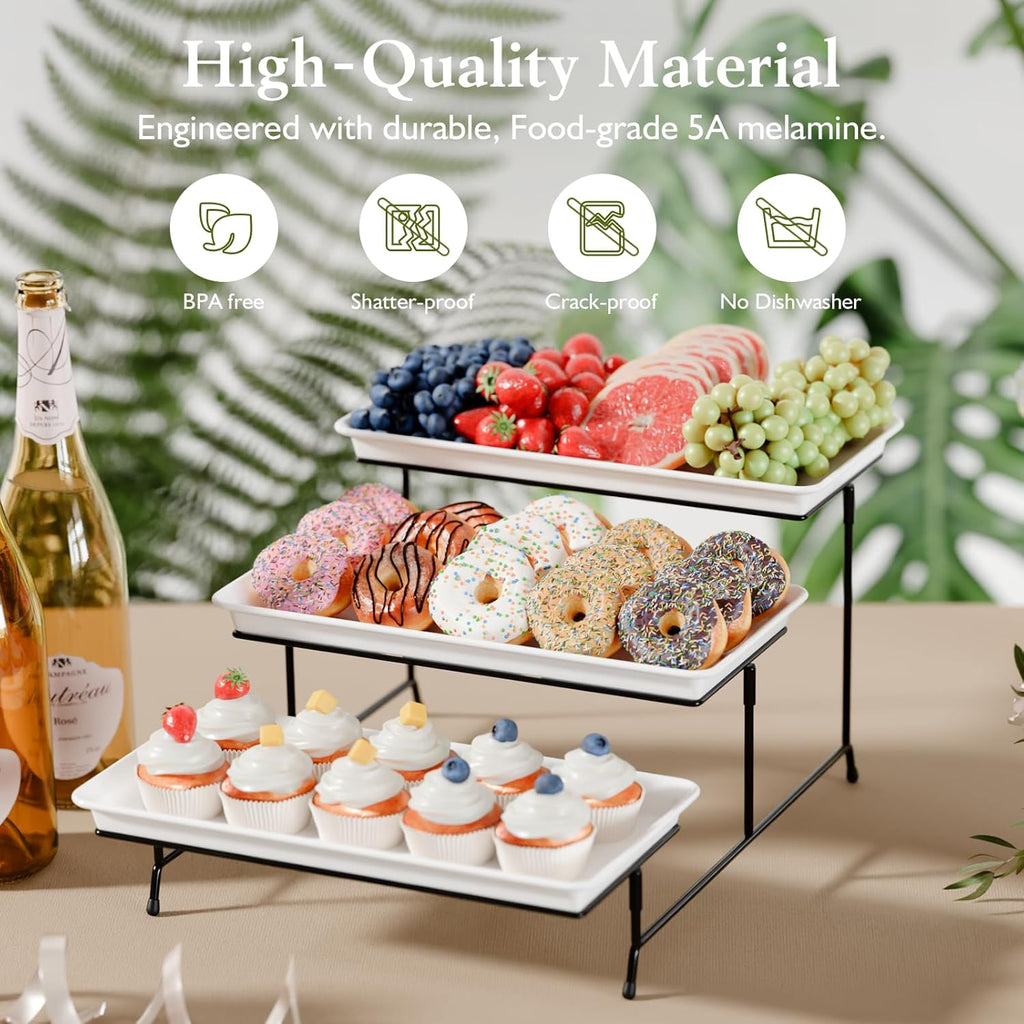 3-Tier Melamine Serving Tray Set, 14"x7" Platters for Serving Food, White Reusable Trays with Black Metal Display Stand for Cupcakes, Sevring Food, Dessert, Fruit, Cookie, Black