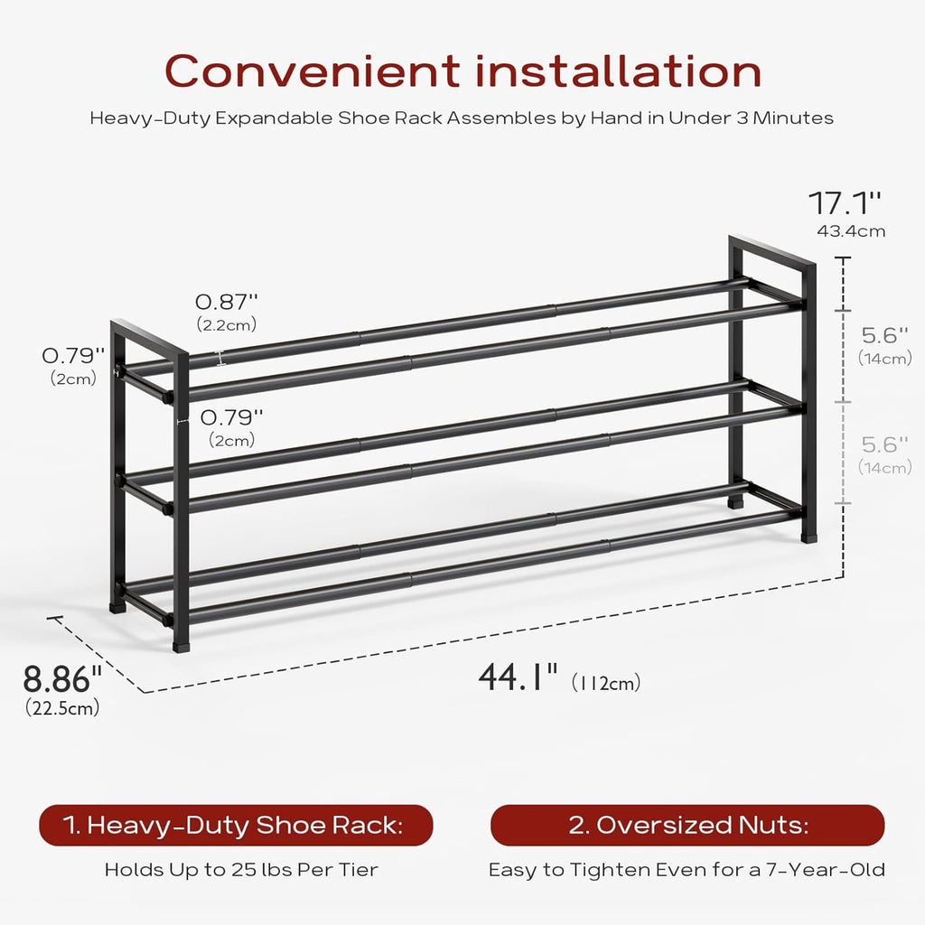Bumusty 3-Tier Long Expandable Shoe Rack for Closet, 18"-44" Adjustable Shoe Rack for Entryway, 15-18 Pairs Large Shoe Organizer Shelf Storage, Sturdy Metal, Black