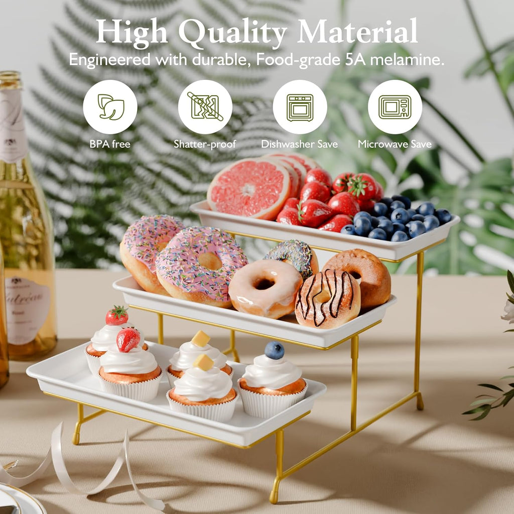 3-Tier Melamine Serving Tray Set, 11.5" x 5.6" Platters for Serving Food, Black Reusable Trays with Black Metal Display Stand for Cupcakes, Sevring Food, Dessert, Fruit, Cookie, Gold
