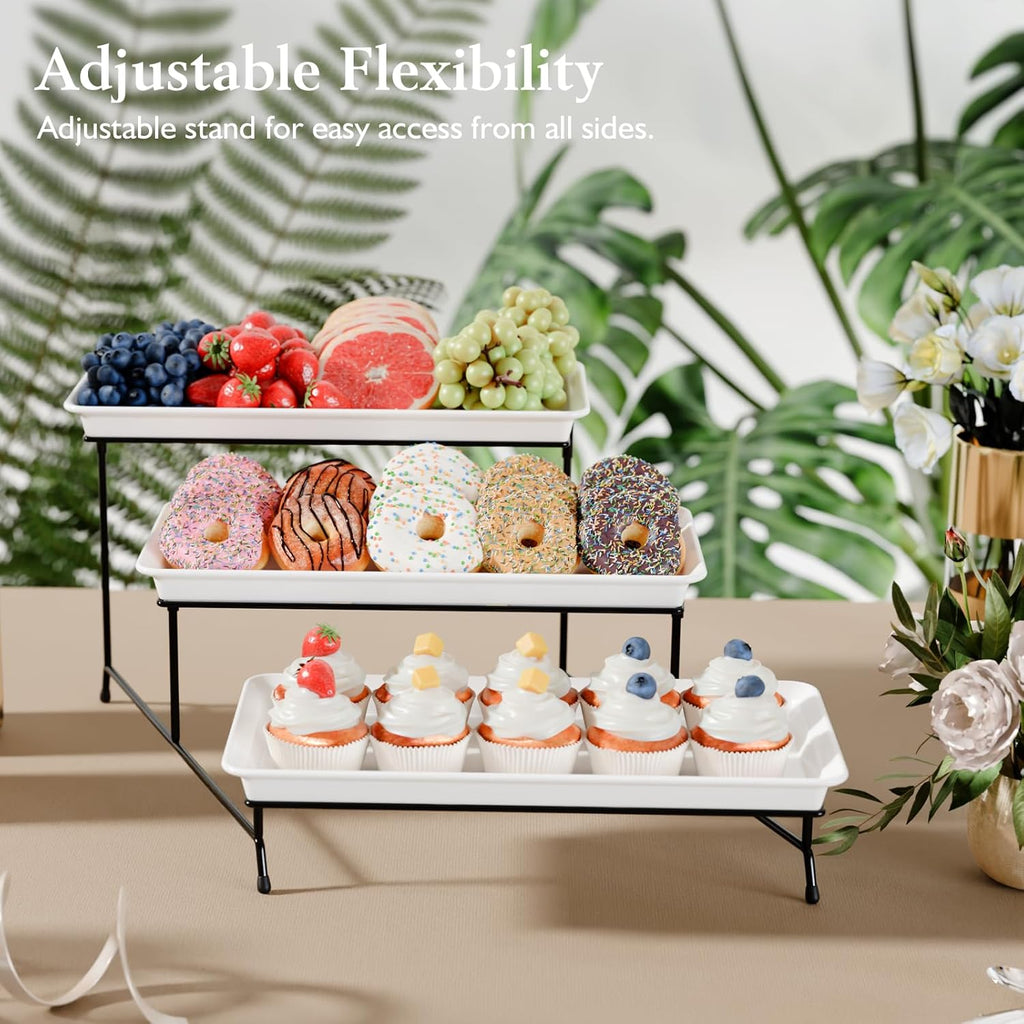 3-Tier Melamine Serving Tray Set, 14"x7" Platters for Serving Food, White Reusable Trays with Black Metal Display Stand for Cupcakes, Sevring Food, Dessert, Fruit, Cookie, Black