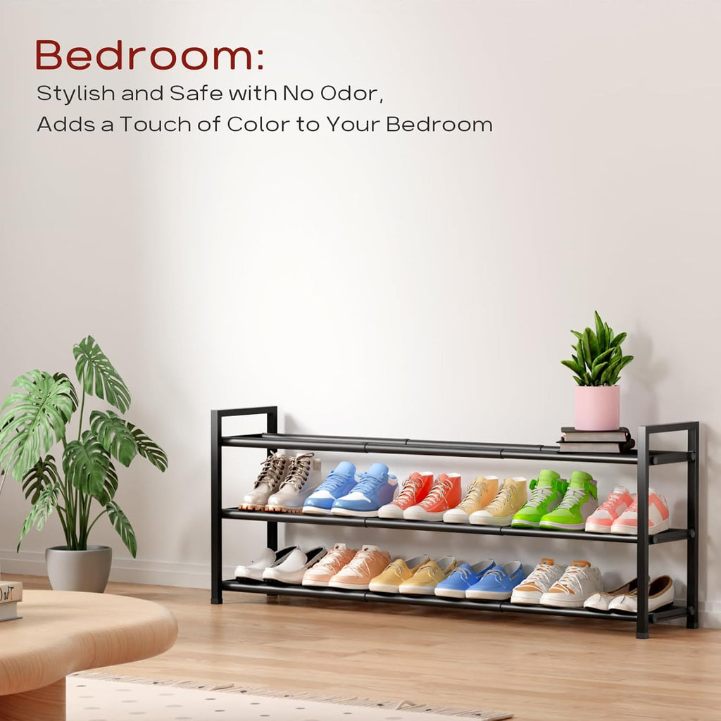 Bumusty 3-Tier Long Expandable Shoe Rack for Closet, 18"-44" Adjustable Shoe Rack for Entryway, 15-18 Pairs Large Shoe Organizer Shelf Storage, Sturdy Metal, Black